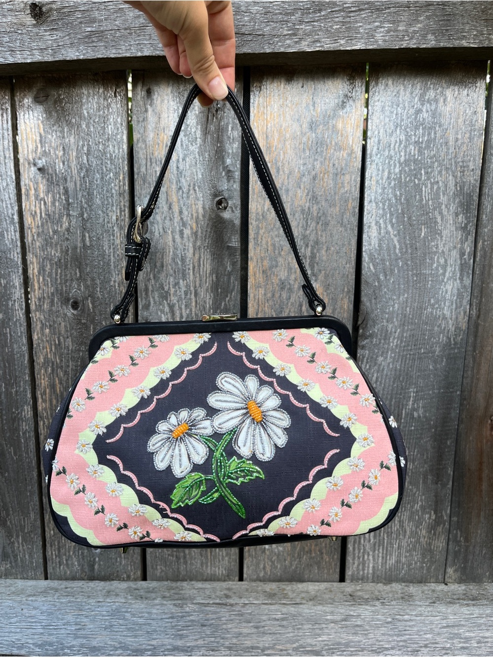 Isabella Fiore Vintage Floral Beaded Hand Bag Pink Black Whimsigoth Fairy Core